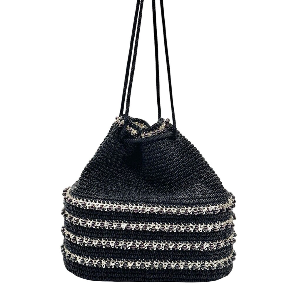 Vintage Woven Drawstring Bucket Mini Bag Silver Beads